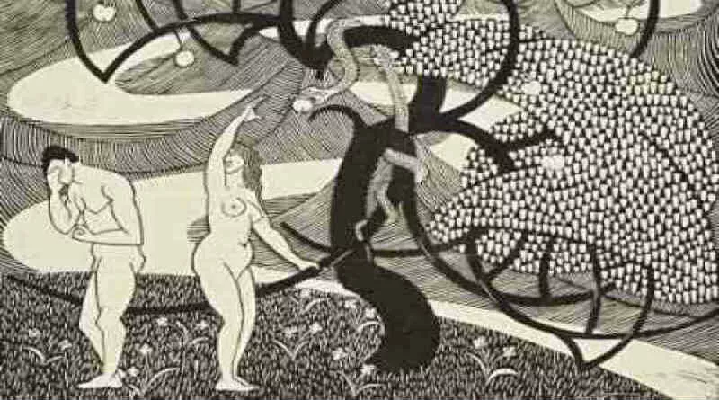 pintura de Eva pegando o fruto da árvore e Adão envergonhado