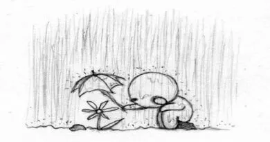 desenho de um homem protegendo uma flor da chuva