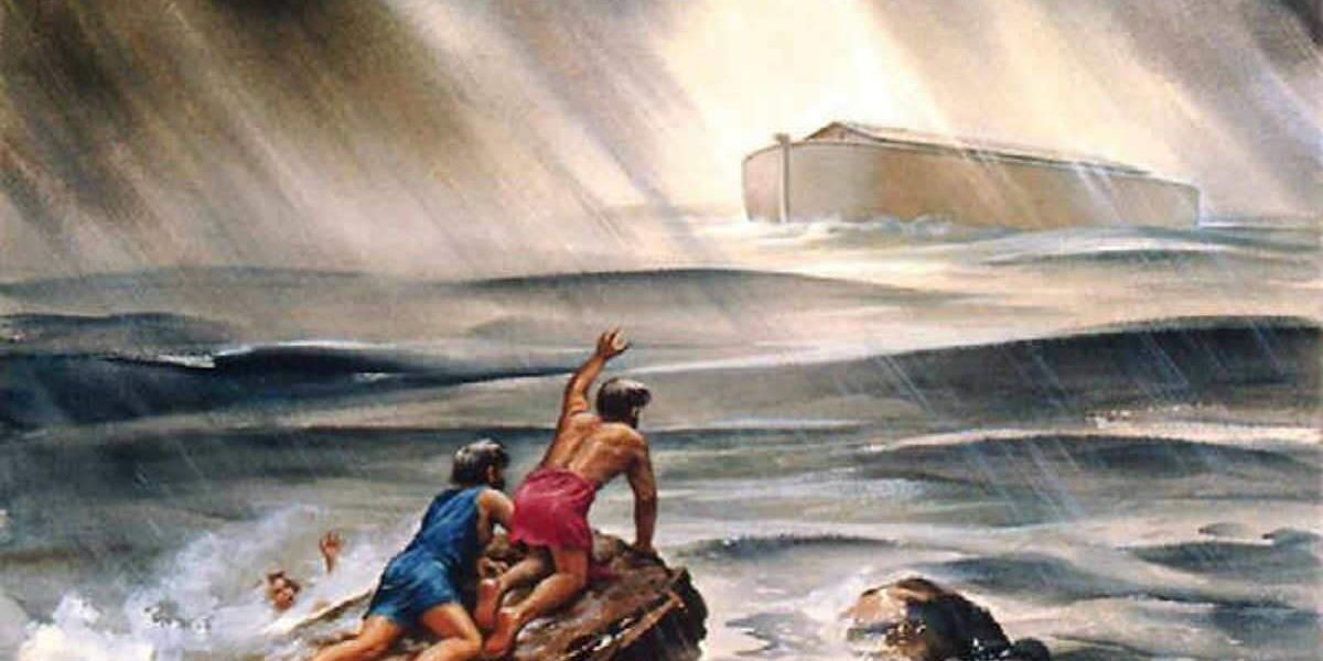 duas pessoas no diluvio olhando para a arca em meio as águas