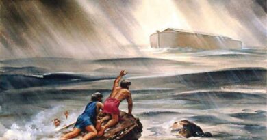 duas pessoas no diluvio olhando para a arca em meio as águas