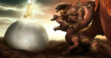 mulher sobre um globo diante de um dragão de várias cabeças