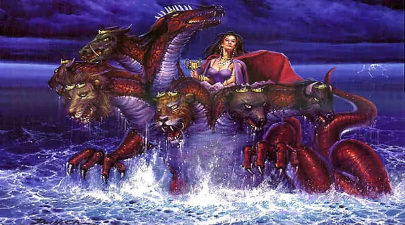 desenho de uma mulher assentada sobre um dragão com várias cabeças