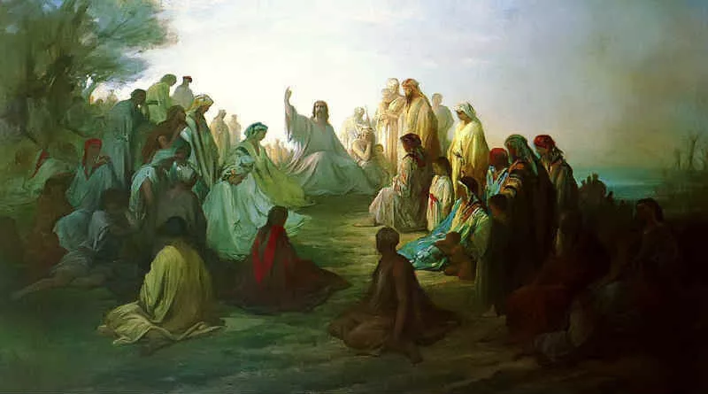 pintura de Cristo assentado ensinando o sermão da montanha