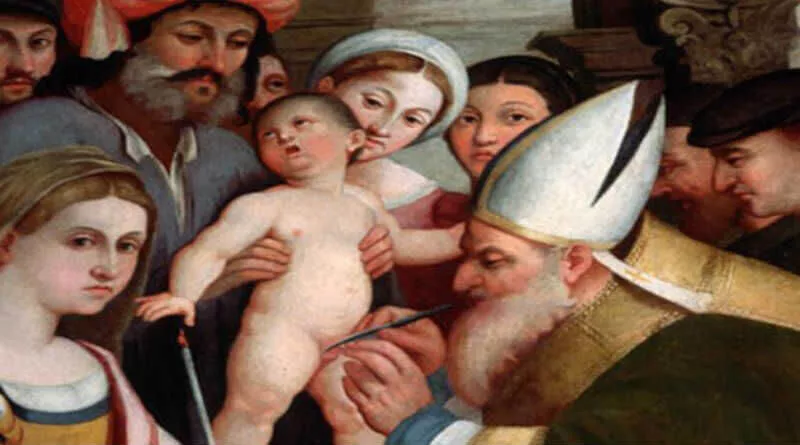 pintura de um sacerdote fazendo a circuncisão de uma criança