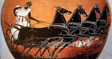 vaso grego com gravura de um homem conduzindo uma biga