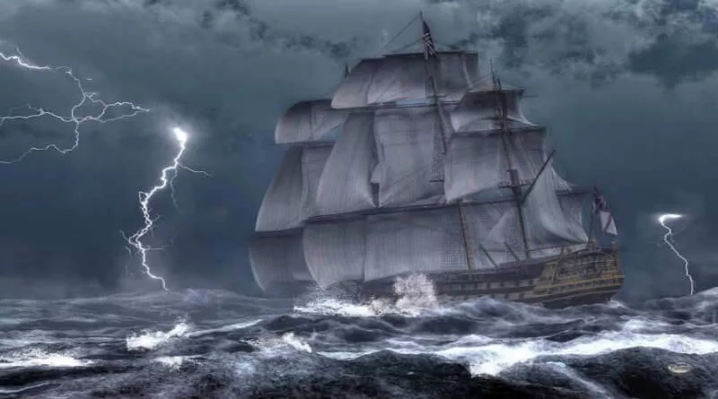 barco em meio a tempestade no alto mar