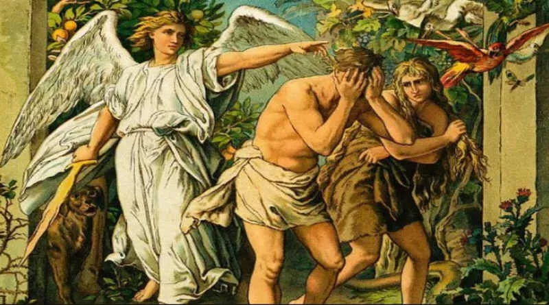 pintura de um anjo expulsando Adão e Eva do jardim