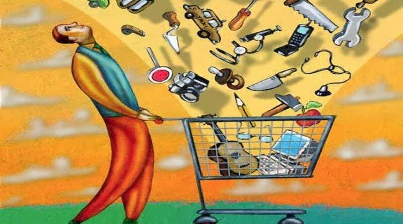 Ilustração de homem com carrinho de supermercado e vários produtos