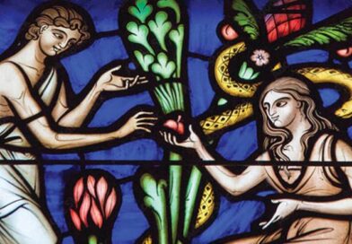 vitral com Adão e Eva e o fruto