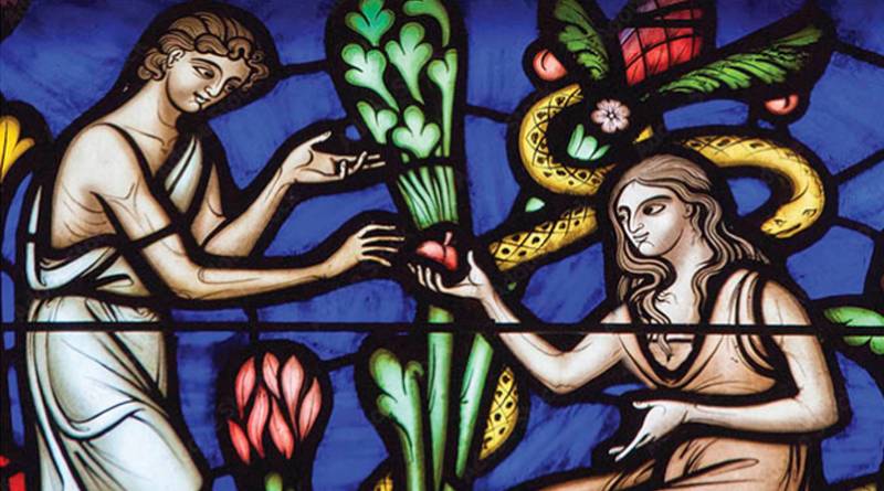 vitral com Adão e Eva e o fruto