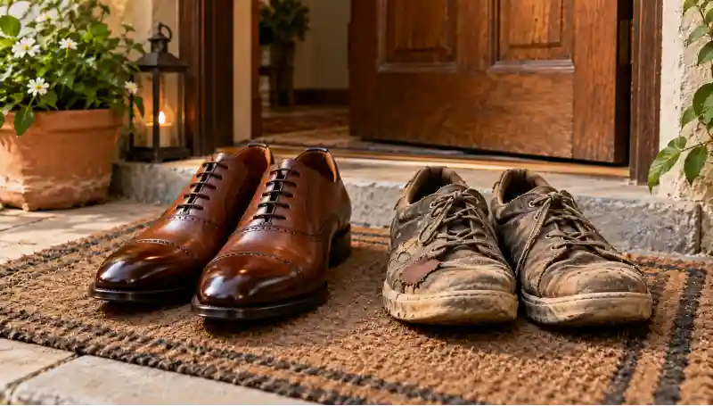 Dois Pares De Sapatos Sobre Um Capacho, Um De Rico E Outro De Pobre